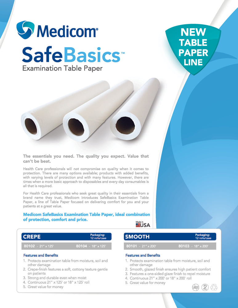 Safe Basics Examination Table Paper Smooth 24x225x12pc  White 80205BX